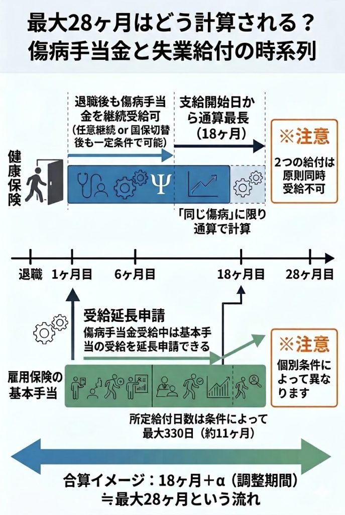 傷病手当金(最長18ヶ月)と雇用保険の基本手当(最大330日)が時系列でどう切り替わるかを示した図解。2つの給付は原則同時受給不可であることを図示。