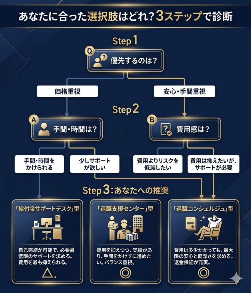 自分の状況に合った給付金申請サービスを3つの質問で選べるデシジョンツリー。時間の余裕・費用感・実績重視の3軸で自力申請・社労士依頼・退職支援センターのいずれかに分岐する。