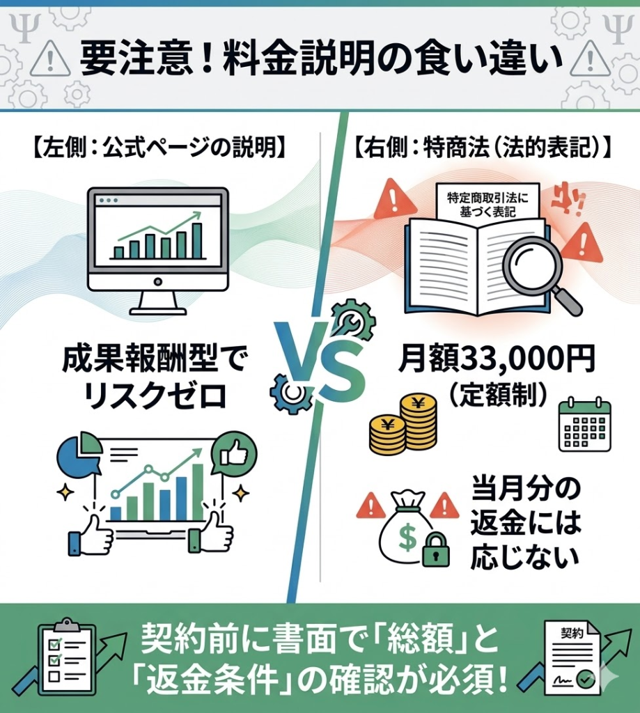 退職ステーションの料金説明の食い違いを図解。公式ページの成果報酬型という説明と、特商法の月額33,000円定額制の対比
