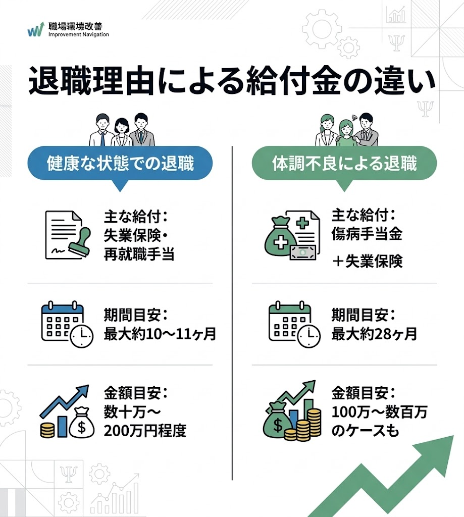 退職理由による給付金の違いを図解。健康な状態での退職と体調不良による退職における、給付金の種類と期間・金額の目安の比較