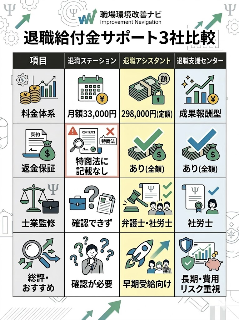 退職給付金サポート3社の比較表。退職ステーション、退職アシスタント、退職支援センターの料金体系、返金保証、士業監修の有無を比較
