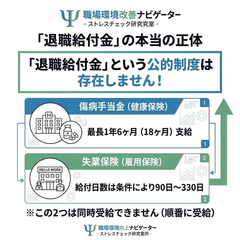 退職給付金の正体は公的制度ではなく、健康保険の傷病手当金と雇用保険の失業保険の組み合わせであることを解説した図解