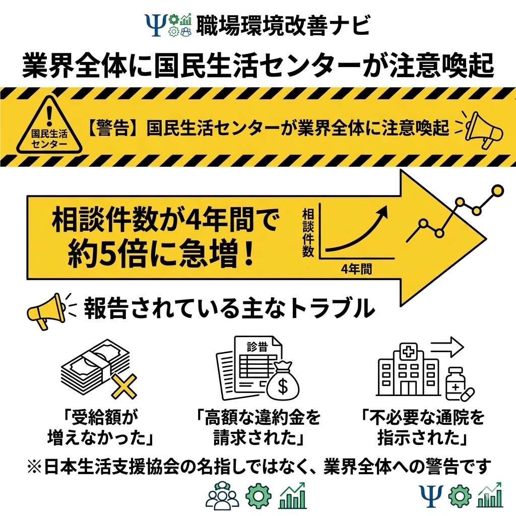 退職給付金サポート業界全体に対して国民生活センターが注意喚起を行っており、相談件数が急増していることと主なトラブル例をまとめた図解