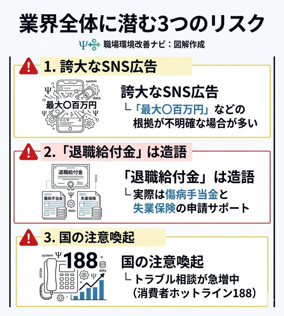 退職給付金サポート業界全体のリスクを図解。誇大な広告、造語の使用、国の注意喚起について警告