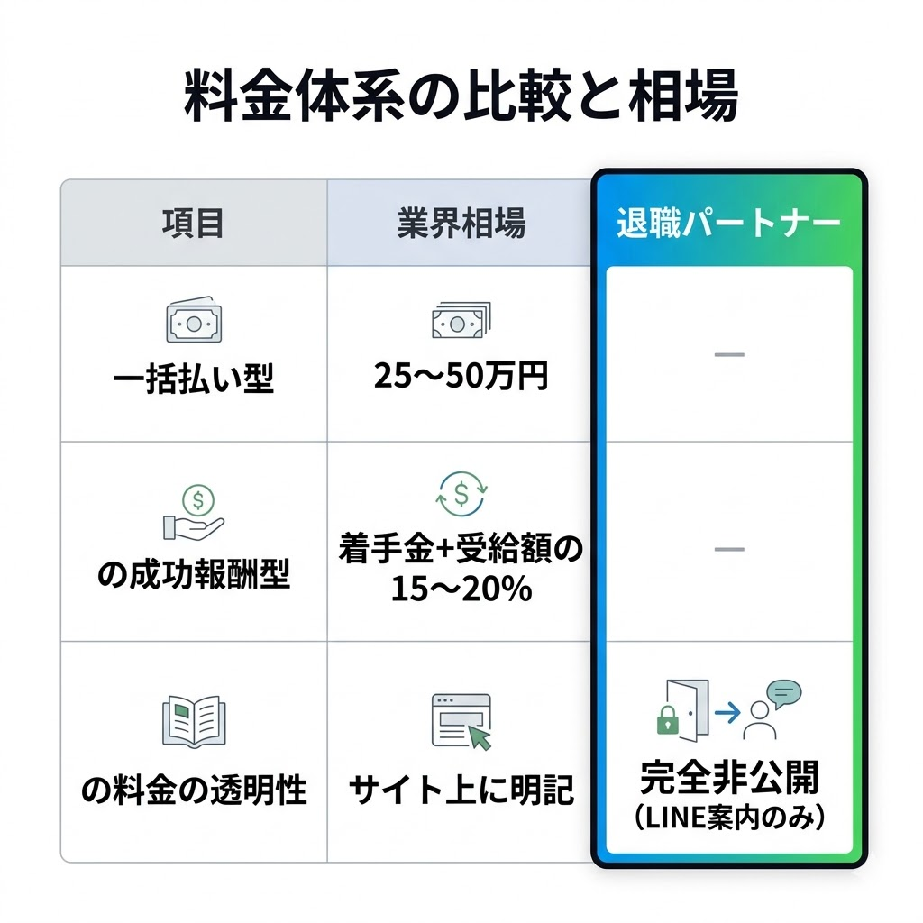 退職給付金サポートの料金相場と退職パートナーの比較表。業界相場に対し、退職パートナーは料金が完全非公開であることを明示