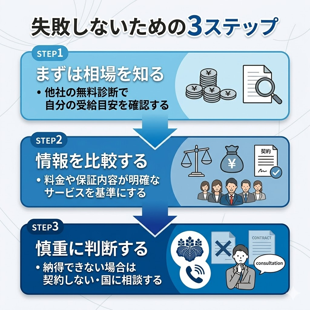退職給付金サポート選びで失敗しないための3ステップ。相場を知る、情報を比較する、慎重に判断する流れを図解