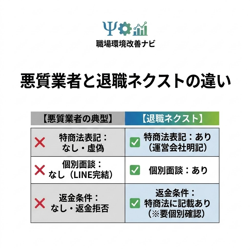 悪質業者と退職ネクストの違いの比較表。特商法表記、個別面談、返金条件の3項目で比較。