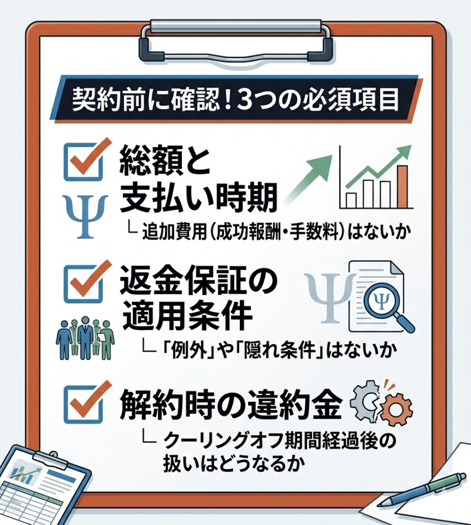 給付金サポート契約前に確認すべき3つの必須項目を図解。総額、返金保証の条件、解約時の違約金のチェックリスト