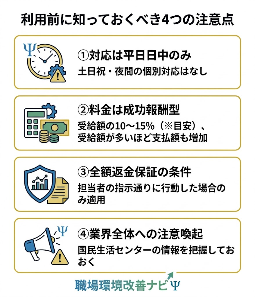 退職コンシェルジュの4つの注意点を図解。平日対応のみ、成功報酬型の料金、返金保証の条件、業界全体への注意喚起について整理