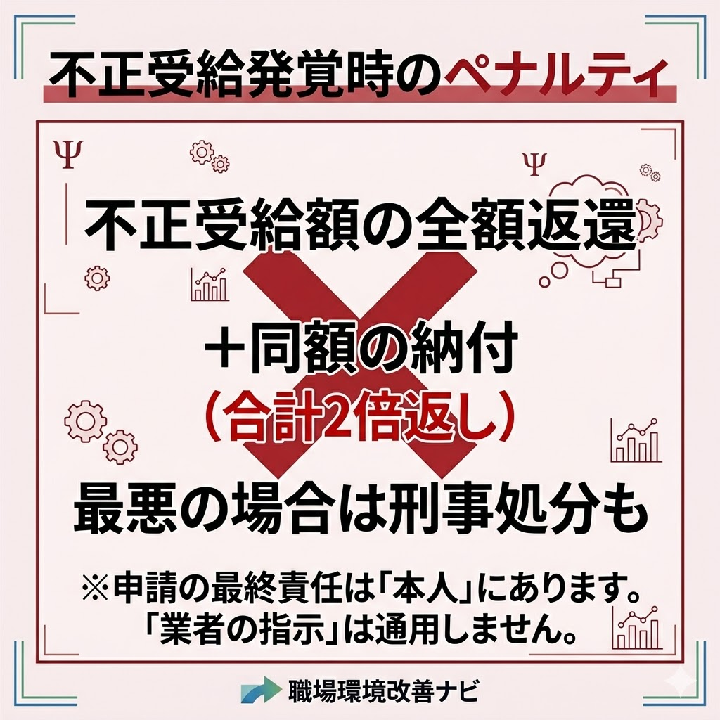 不正受給発覚時のペナルティを図解。全額返還と同額納付による2倍返し、刑事処分の可能性、最終責任は本人にある旨を警告。