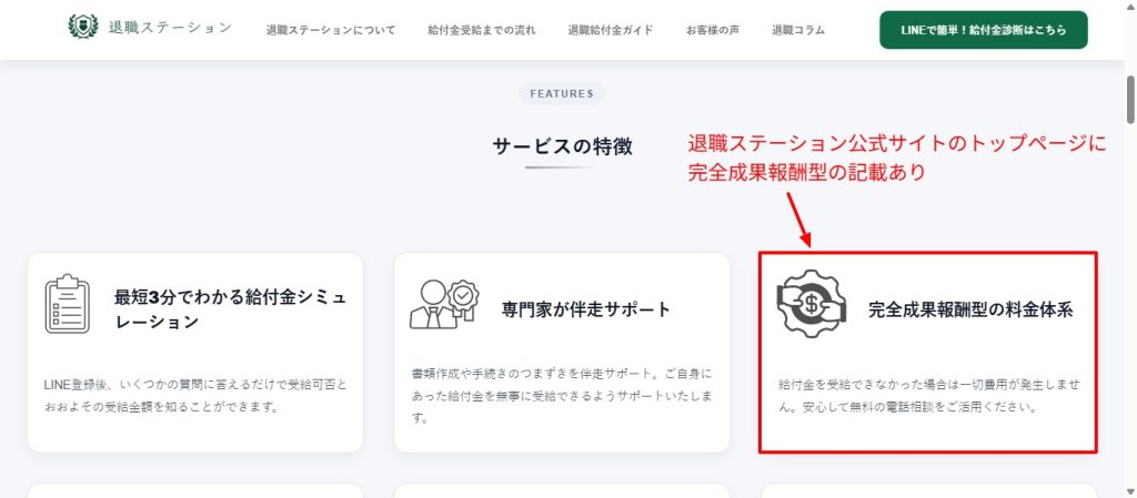 退職ステーション公式サービスページに「成果報酬型」と記載されている箇所（2026年3月時点）