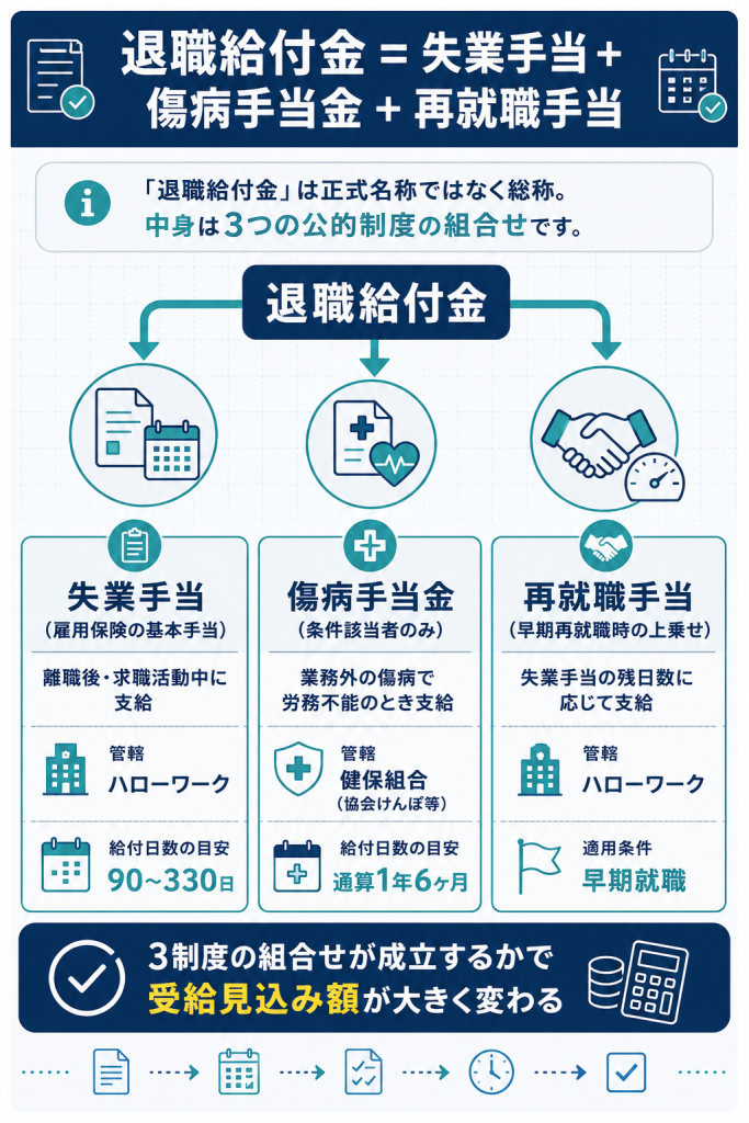 退職給付金は失業手当・傷病手当金・再就職手当の3制度の組合せ。総称の中身を分解した制度マップ