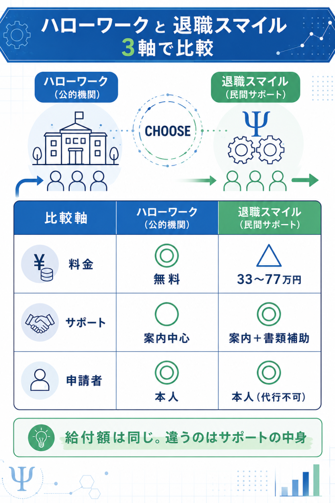 ハローワーク無料相談と退職スマイル有料サポートを3軸で対比した比較表