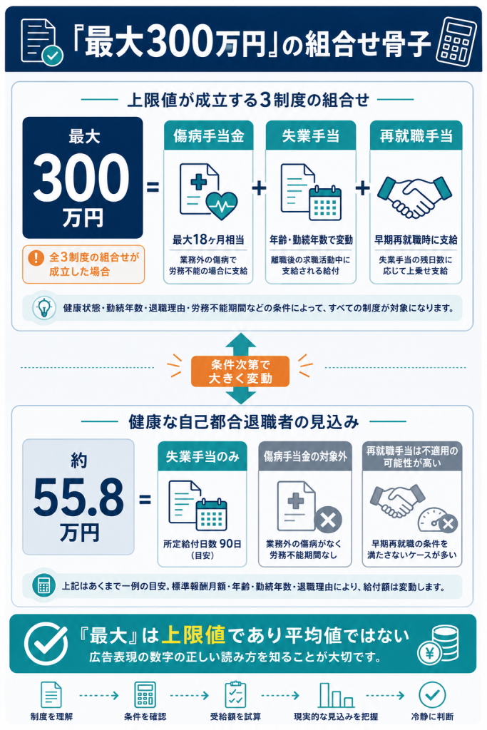 最大300万円給付の組合せ骨子と健康な自己都合退職者の現実値(約55.8万円)の対比