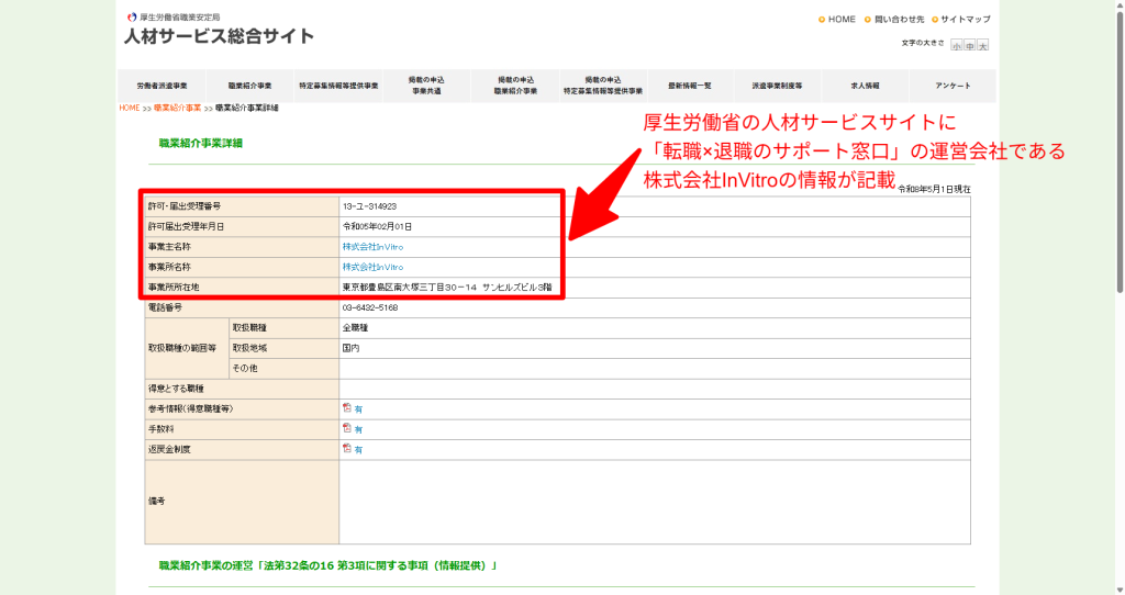厚生労働省「人材サービス総合サイト」で許可番号13-ユ-314923を検索した結果。株式会社InVitroの事業所情報が表示されている
