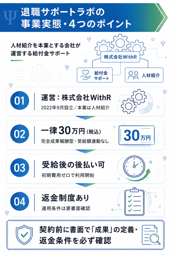 退職サポートラボの運営会社・料金30万円・後払い・返金保証の4ポイントを整理した図解