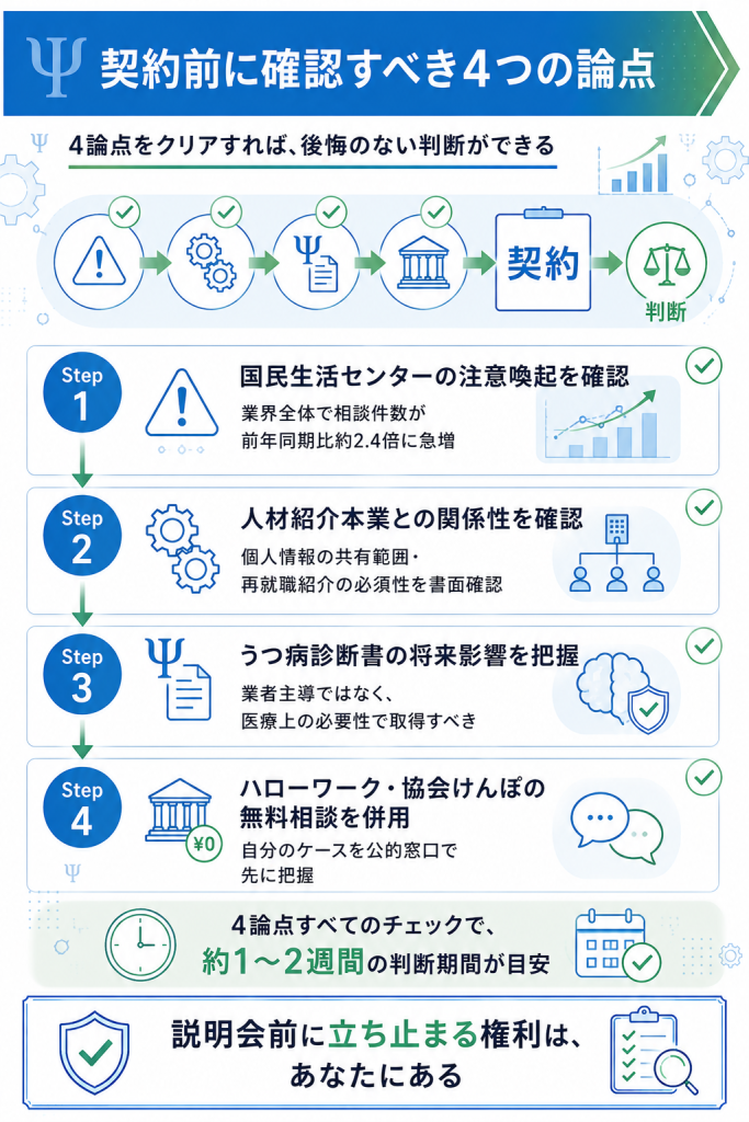 退職サポートラボの契約前に確認すべき4つの論点をフロー形式で整理した図解