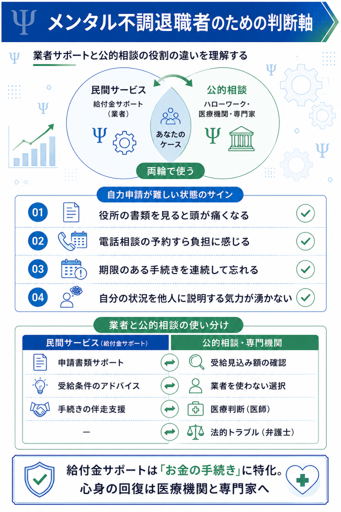 メンタル不調退職者向け・民間サービスと公的相談の使い分けを整理した判断軸の図解
