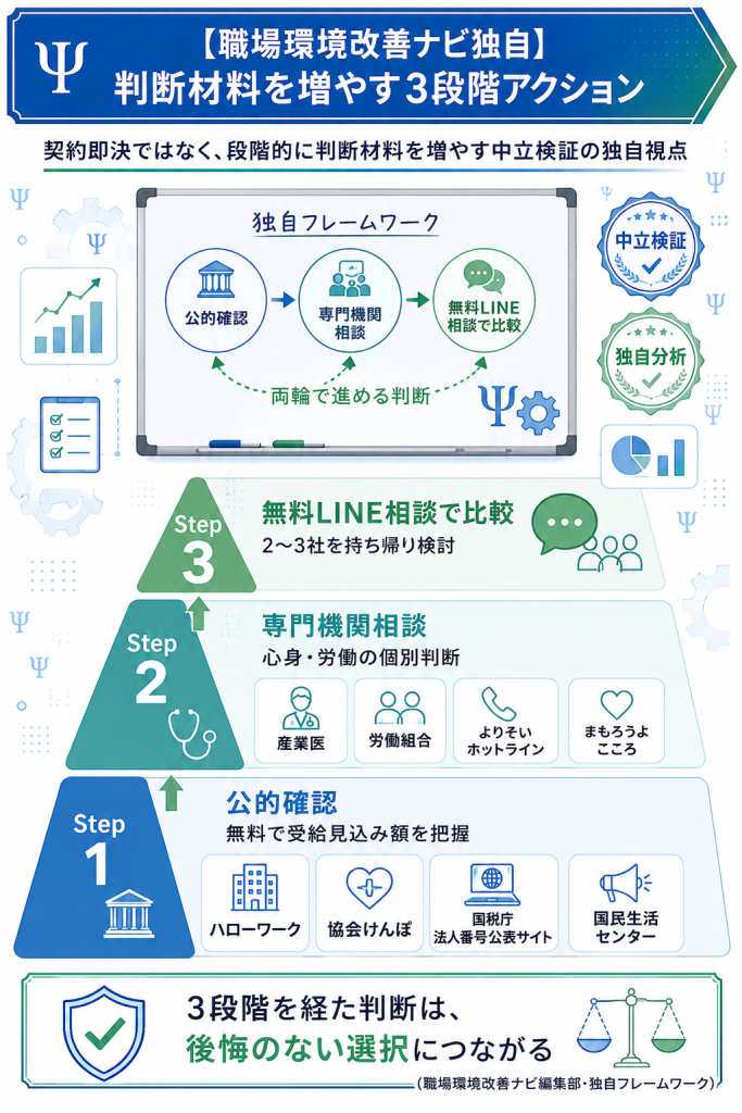 職場環境改善ナビ独自の3段階アクションフレームワーク（公的確認→専門機関→比較）の図解
