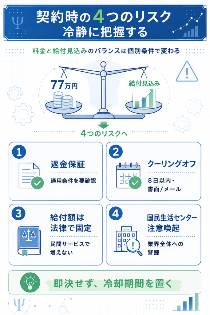退職スマイル契約時の4つのリスク(返金・クーリングオフ・給付額固定・注意喚起)を整理