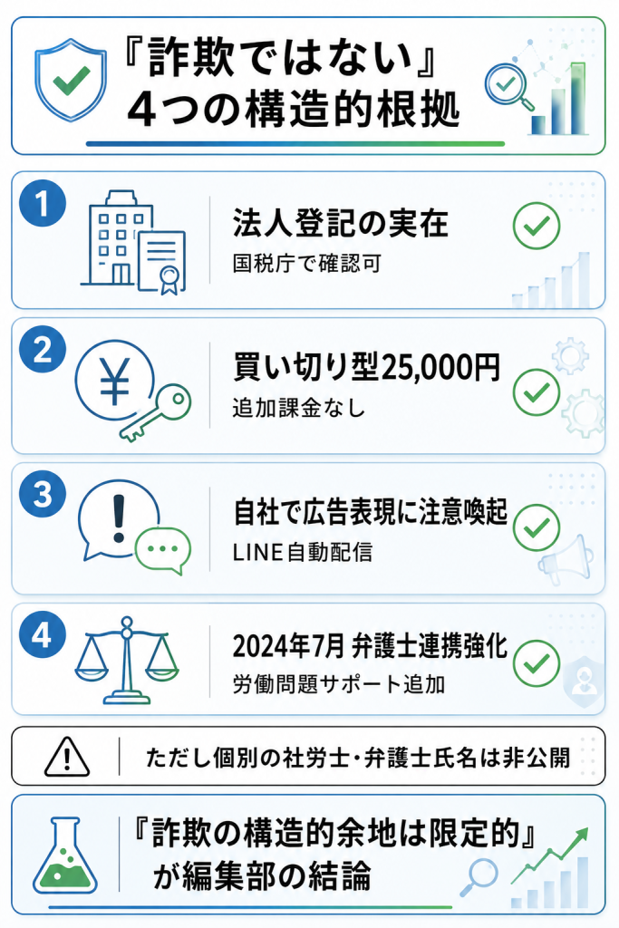 ヤメル君が詐欺ではないと判断できる4つの構造的根拠を整理した図解:法人登記・買い切り・自社注意喚起・弁護士連携