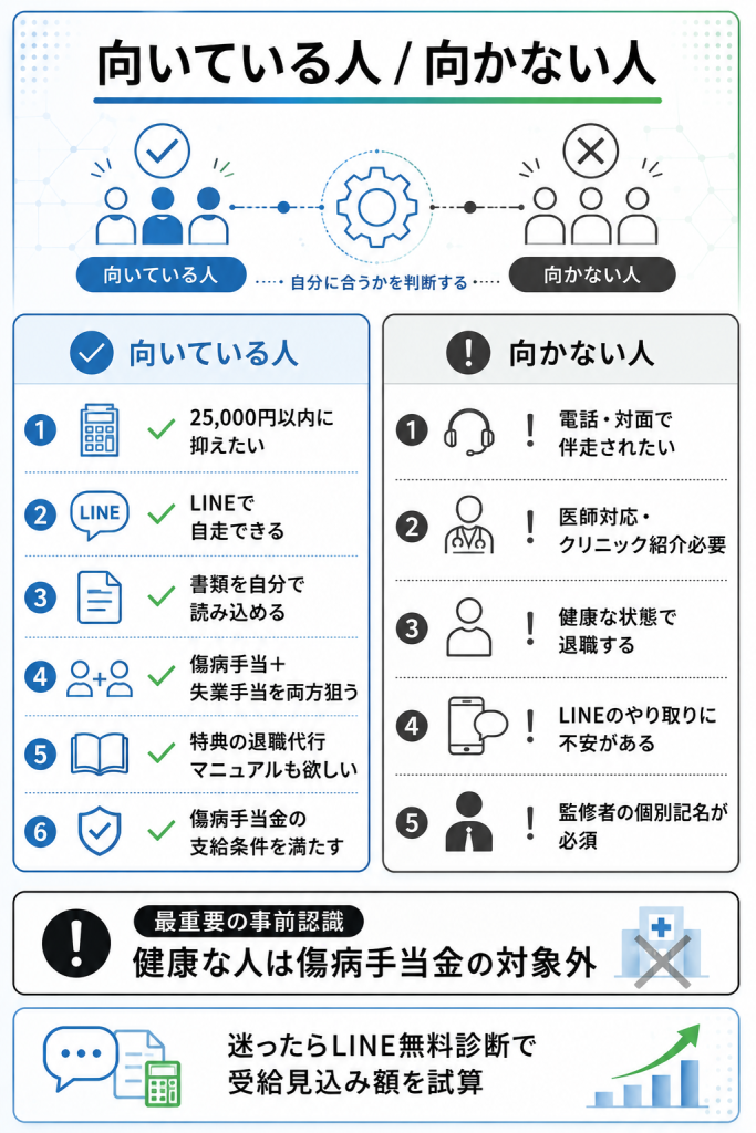 ヤメル君に向いている人6条件と向かない人5特徴を両論併記で整理した図解:健康な人は傷病手当金の対象外を強調