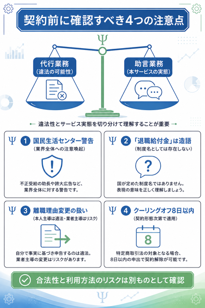「代行業務と助言業務の天秤対比と、契約前に確認すべき4つの注意点(警告・造語・離職理由・クーリングオフ)」
