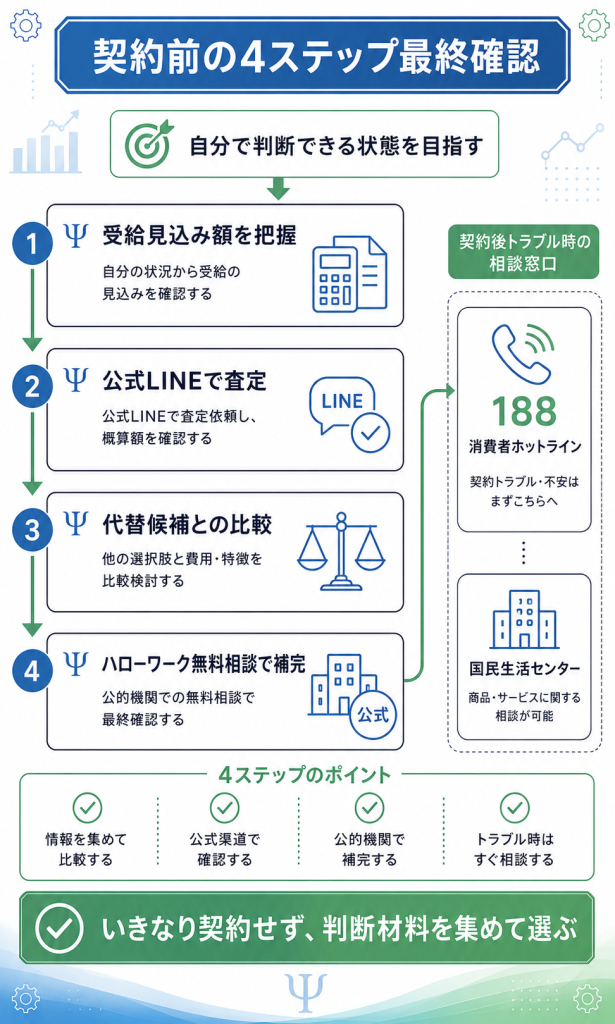 「契約前の4ステップ(受給見込み・LINE査定・代替候補比較・ハローワーク相談)と契約後トラブル相談窓口のフロー図」