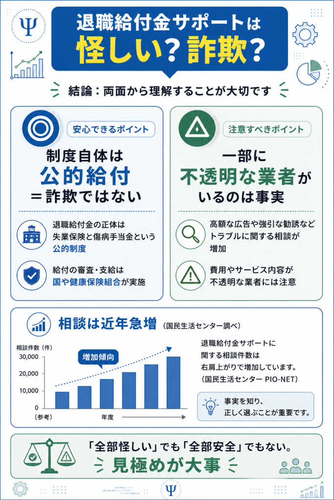 退職給付金サポートは制度自体は公的給付で詐欺ではないが一部に注意が必要なことを示す図解