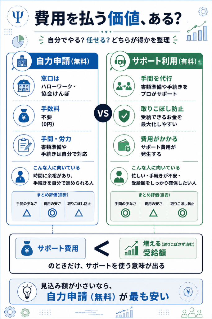 自力申請(無料)とサポート利用(有料)の違いと損益分岐の考え方を対比した図解