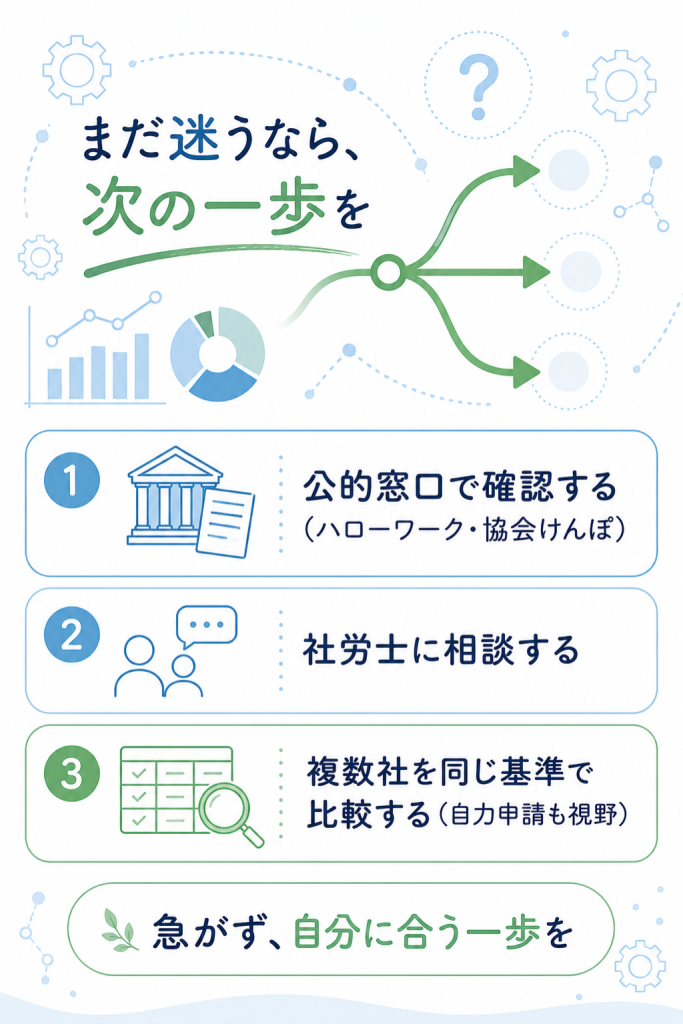 退職給付金サポート選びで迷ったとき向けに、公的窓口・社労士相談・複数社比較という別の選択肢を落ち着いて示した案内図解