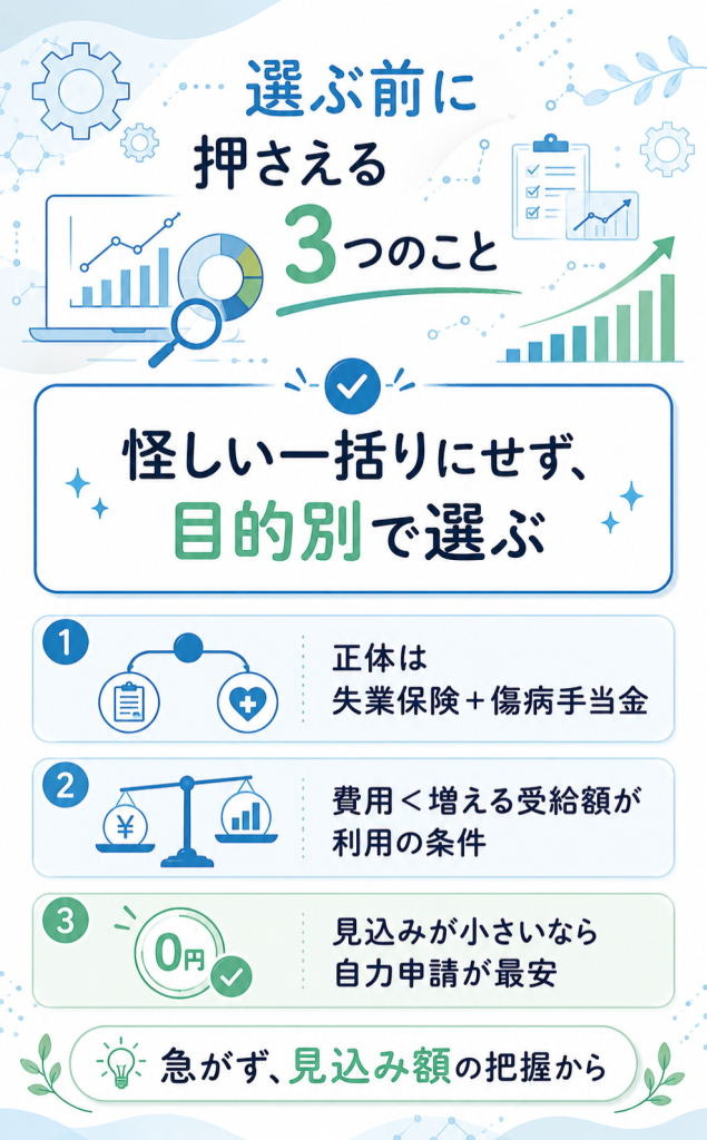 退職給付金サポート選びで迷ったとき向けに、公的窓口・社労士相談・複数社比較という別の選択肢を落ち着いて示した案内図解