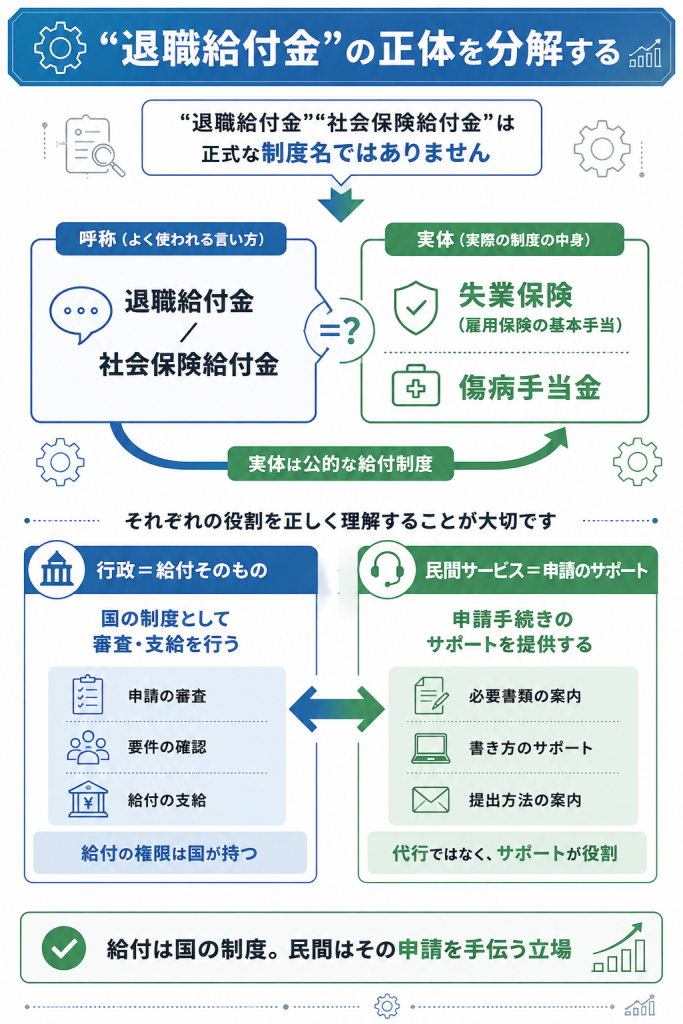 退職給付金の実体が失業保険と傷病手当金であり、民間は申請サポートであることを示す概念分解図