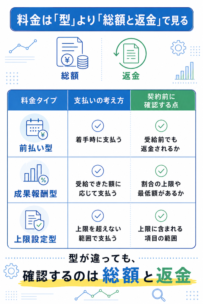 前払い型・成果報酬型・上限設定型の違いと総額と返金の確認点を示す料金タイプ比較図