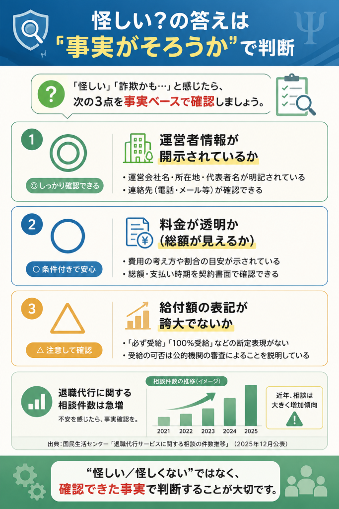 運営者情報・料金の透明性・給付額表記の3点照合で安全性を判断する回答カード図解