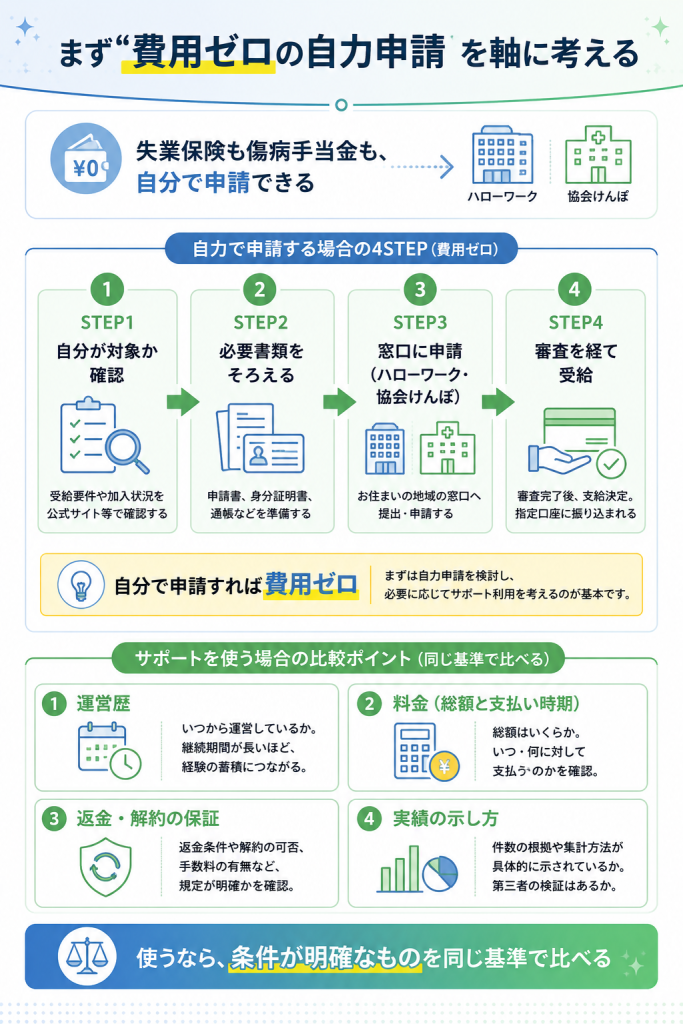 自分で申請すれば費用ゼロという選択肢と、サポート利用時の4比較軸を示すフロー図解