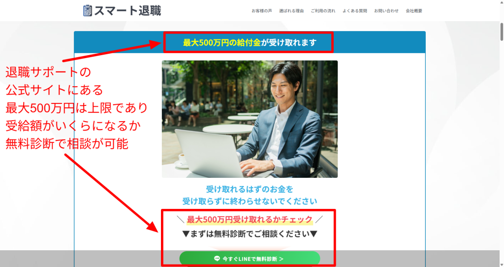 スマート退職公式サイトに表示された受給額の上限訴求と運営情報の状態を示すスクリーンショット