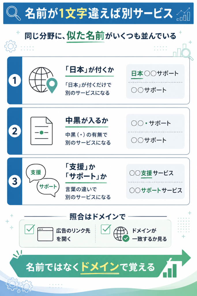 日本の有無・中黒の有無・支援かサポートかの3点で似た名前のサービスを見分ける方法をまとめたカード図解
